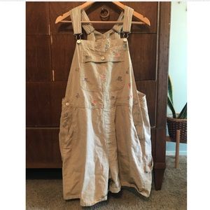 Cute floral embroidered tan overalls